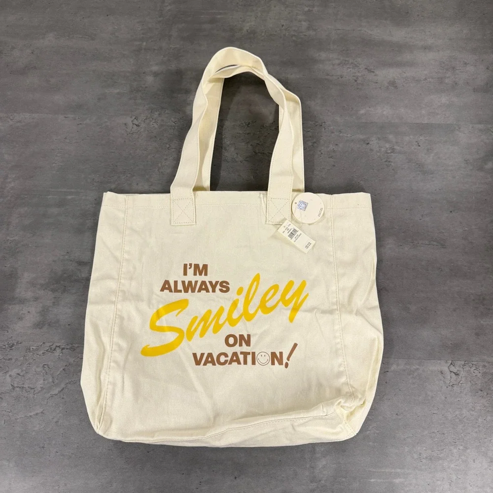 Aerie Tote Bag SmileyWorld Graphic Cream Vacation NEW Grocery Sustainable